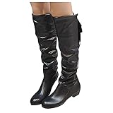 Hotberry Hohe Stiefel für Damen Riemchen Flache Stiefel Kniehohe Stiefel Klassische Stiefel mit Quadrat Absätze Langschaft Stiefel Halblange Stiefel Herbst Winter Frauen W