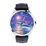 Fantastische springende Delfin und Sonnenuntergang Custom Armbanduhr Unisex Analog Quarz Uhr mit Lederband Uhren für Mädchen Jungen Armb