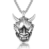 Prajna Maske Halskette, Männer Gothic Schmuck Edelstahl, Böse Dämon Horn Schädel Anhänger Japanische Retro Halskette,