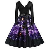 xxengfan Halloween Kostüm Damen Halloween-Kleider für Damen, Halloween-Kleid mit V-Ausschnitt für Damen, Langarm-Kleid für Damen, Halloween-Outfits, Kostümpartys & Shows, Vintage-S