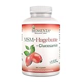 BIOMENTA MSM + Hagebuttenextrakt + Glucosamin – 180 vegane allergenfreie MSM Kapseln mit 1.200mg MSM Schwefel Pulver + 750 mg Glucosamin Sulfat + 300 mg Hagebutte Extrak