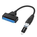 ELUTENG USB 3.0 zu SATA Kabel 5 Gbp/s unterstützt UASP SATA USB Adapter 20 cm / 7,87 Zoll mit Typ C auf USB 3.0 Adapter für 2.5 Festplatte HDD SSD,schw