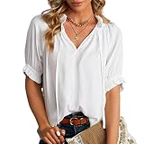 NPRODLO Damen Kordelzug Chiffon Baumwolle Tunika Crop Tops Rüschen Halbe Ärmel Tiefer V-Ausschnitt Lockere Passform Oberteile Frauen Lässig Übergröße Einfarbig Gerafft Elegant Basic Bauchfreie T