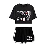Rileyxxshop Mädchen Tokyo Ghoul T-Shirt und Shorts Ken Kaneki Anime Graphic Printed Touka Kirishima 2 Stück Sweatshirt Anzug Kurzarm T-Shirts Cosplay Sommer Pyj