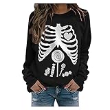 MJGkhiy Halloween Totenkopf Print Langarmshirt Damen Geburtstagsgeschenk für Frauen Lässiges Drucken Langarmshirt Tees Tops Langarm Reißverschluss Tunika Bluse Top