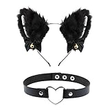 FLOFIA Katzenohren Haarreif cat Ears Haarschmuck Fuchsohren mit Herz Halskette Katzen Haarreif Katzeohren Cosplay Kostüm Set cat Ears Cosplay Katzenkostüm Set für Karneval Kinder Erwachsene Schw