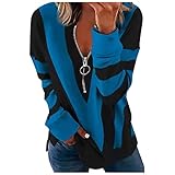 GOKOMO Damen Streifen Sweatshirt Langarm Locker Elegant V-Ausschnitt mit Reißverschluss Shirt Langarm V-Ausschnitt Neues Oberteil Lässige Pullover für Frühling und Herbst(XL,Blau)