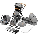 LIONELO Amber Kinderwagen 3 in 1 Kombikinderwagen Set sportlicher Sitz fester Babywanne Autositz Tasche Moskitonetz Regenschutz XXL-Dach mit Sonnenschutz (Grau)