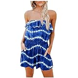 AIchenYW Damen Sommer Ärmellos Boho Kurz Einfarbig Jumpsuit Frauen Beiläufig Gummiband Rückenfrei Overall mit Taschen Einteiler Lose Atmungsaktiv Strampler Playsuit Rüsche Spielanzug Träg