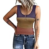 Weste Damen Gerippte Tank Tops Sommer Ärmellose T Shirts mit U Ausschnitt Trendige Farbblock Patchwork Sportweste Bluse mit Knopfleiste und Reißverschluss Schmal geschnittene Tunika Basic S
