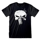 Marvel Punisher TV Series Gespritzte Schädel-Logo Damen-Boyfriend Fit T-Shirt Schwarz XL | S-XXL, loser Baggy Maxi-Rundhalsausschnitt Grafik-Top, Geburtstags-Geschenk-Idee für Damen, für Haus oder Gy