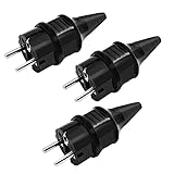 Schutzkontakt Stecker mit Knickschutz - 3x Schutzkontaktstecker schwarz, 250V (16A), spritzwassergeschützt und langlebig Kann für 6-16mm Kabel Schutzkontakt Stecker aus SEBS, IP44, schw