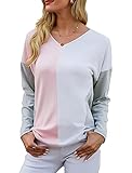 T-Shirt Damen Casual V Ausschnitt Langarm Farbblock Sweatshirt Tops Bluse Pullover Oberteile (A Rosa, S)