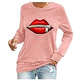 LRWEY Damen Casual Lose Langarm T-Shirt Rundhals Tops Lippen Pullover Bluse Tops, rose, M