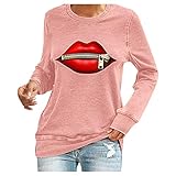 LRWEY Damen Casual Lose Langarm T-Shirt Rundhals Tops Lippen Pullover Bluse Tops, rose, M