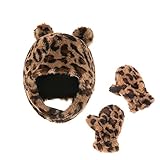 DERCLIVE 2 Stück Wintermütze mit Bärenohren Set Leopard Fleece Warme Mütze Handschuhe Set Ohrenschutz Kapp