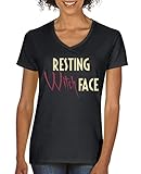 Comedy Shirts - Resting Witch face - Damen V-Neck T-Shirt - Schwarz/Beige-Fuchsia Gr. XL