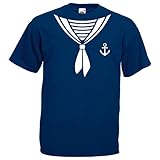 Shirt-Panda Herren T-Shirt · Matrosen Kostüm · wahlweise mit Mütze Karneval Gruppen Fasching Seemann Verkleidung Party Matrosenmütze Darts Unisex Hut · Marineblau (Druck Weiß) 2XL