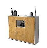 Stil.Zeit Highboard Kommode Rachelle - Korpus Weiss matt - Front Holz-Design Eiche (136x108x35cm) - Push-to-Open Technik & hochwertigen Leichtlaufschienen - Made in Germany