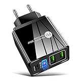 SCCVEE USB-C-Ladegerät, 36W 4-Port-Schnelllade-PD-Wandladegerät，Quick Charge 3.0, passend für Samsung S10/S9/S8/Plus, iPhone Xs/Max/XR/iPhone11, kabelloses Ladegerät, Tablet-Computer, etc. (Schwarz)