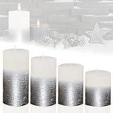 Candelo 4er Set Rustik Kerzen Ambiente Weihnachten - Adventskranz Kerze - Farbe Weiß Metallic Silber - 8/10/12/14cm - Stumpenkerze Advent Weihnachtsk