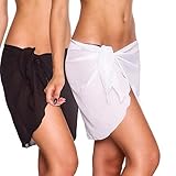 2 Stück Wickeltuch Strand Damen Strandkleid, Bikini Rock Sarong Chiffon Badeanzug Wrap Strandtuch Weiß Schwarz, Kurz Bikini Cover up mit extra Gürtel für Urlaub Sexy Strandkleider Tücher Wickelrock