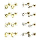 PiercingJak 8 Paar Ohrstecker Set 16G Helix Tragus Knorpel Ohr Nase Lippe Cartilage Labret Barbell Stud Piercing Stecker Chirurgenstahl Herz Kreis Mond Dreieck Punk Schmuck für Unisex, Silber/G