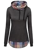 DJT Damen Kapuzenpullover Sweatjacke Hoody Schreag Kragen Kariert Pulli Dunkelgrau-Plaid Larg