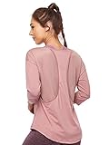 COOTRY Sport T-Shirt für Damen 3/4 Arm mit Mesh Netznähte Sportshirt Loose Funktionsshirt Oberteile atmungsaktiv Casual Yoga Gym Laufshirt,Rosa,L