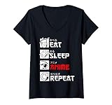 Damen Eat Sleep Anime Repeat Manga Geschenk Japan Kanji Weeb Anime T-Shirt mit V