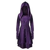 LRWEY Damen Halloween Kostüme Schnüren Kapuze Vintage Kleid für Frauen Pullover High Low Bandage Langarm Kleid Umhang, violett, X-Larg