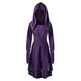 LRWEY Damen Halloween Kostüme Schnüren Kapuze Vintage Kleid für Frauen Pullover High Low Bandage Langarm Kleid Umhang, violett, X-Larg