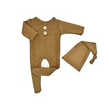 Hut Overalls Gestrickte Knopf Baby Neugeborenes Set Footed Prop Romper Fotografie Knoten Babypflege, khaki, Einheitsgröß