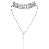 JewelryWe Schmuck Frauen Damen Multi Reihen Strass Choker Halskette Pullover Lange Kette mit Anhänger Halsband Silb