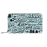 Damen Geldbörse mit Reißverschluss und Handy-Clutch, Hello verschiedene Sprachen, blaues Muster, Reise-Geldbörse aus Leder, Clutch, Kartenhalter, Organizer, Handgelenke, Geldbö