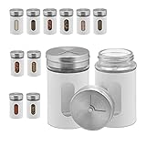 Relaxdays Gewürzstreuer, 12er Set, 3 Streugrade, Gewürze & Kräuter, Gewürzgläser, 90 ml, Glas & Edelstahl, weiß/Silb