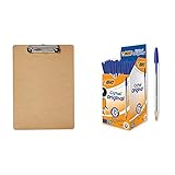 Amazon Basics - Hartplatten-Klemmbrett - 10er-Packung & BIC Kugelschreiber Cristal Original, in Blau, Strichstärke 0,4 mm, 50er Pack, Ideal für das Büro, das Home Office oder die S