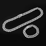 Unbekannt Iced Out Paved Rhinestones 1Set 13MM Silver Color Full Miami Curb Cuban Chain Necklaces for Men Hip Hop Jewelry