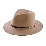Damen Fedora Hut 100% Wolle breite Krempe Filz Panama Sonnenhüte Vintage Trilby Cap mit Schnalle, A4-Kamelfarben, M