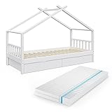VitaliSpa Kinderbett Hausbett Kinderhaus Design Weiß Lattenrost 90x200 Schub