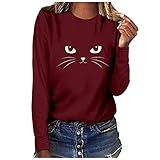 Masrin Mask Frauen Pullover Casual 3D Tier Katze gedruckt Sweatshirt O-Ausschnitt Langarm Patchwork Tops T-Shirt T-Shirt Bluse(XL,Wein)