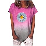 Masrin Damen T-Shirt Lässig Tie-Dye Farbverlauf Tops Daisy Printed Pullover Kurzarm O-Ausschnitt Loose Tunika Bluse (L,Pink)