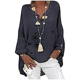 XIAOYUER Tops Damen Leinen Bluse Lang Hemd Langarm Pullover Plus Size Frauen Lässig Blumendruck Loose V-Ausschnitt Lila Rosa Weiß Marine M L XL 2XL 3XL 4XL 5XL T-Shirts Sw