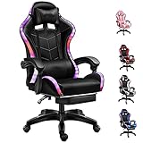 Fußstütze Pc Stuhl Mit Lautsprecher Bürostuhl Schreibtischstuhl Musik Gaming Stuhl Led Beleuchtung, Ergonomischer Mit Kopfstütze Drehstuhl Racing,Black