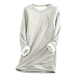 LIEIKIC Langarmshirt Damen Lamm Kaschmir Winter Warme Pullover Lang Samt Sweatshirt Einfarbige/Bedrucktes Pulli Fleece Langarm Shirts Oversize Übergangs Tops Oberteil Shirts Dunkelgrau B