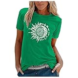 SOIUTAO Coole T-shirts Damen Einfarbige Sommerkleidung Sportshirt Kurzarm T-Shirt mit Sonne und Mond Print Casual Streetwear Rtro Blusen Geschenk für F
