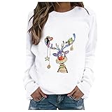 Weihnachtspulli Damen Lustig Klassisch Rentier Muster Weihnachtspullover Teenager Mädchen Langarm Rundhals Shirt mit Niedlichem Hirsch Muster Aufdruck Weihnachtspulli X