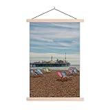 Textilposter - Brighton - England - Strandkorb - 60x90 cm - mit holzfarbenen R