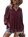 MAYFASEY Damen Chiffon-Bluse Leger V-Ausschnitt Lange Ärmel Pom Pom Shirts, Wine Red, M