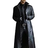 HYISHION Ledermantel Herren Trenchcoat Herren Lange Jacke Herren Vintage Distressed Herrenmantel,Schwarz,XXL